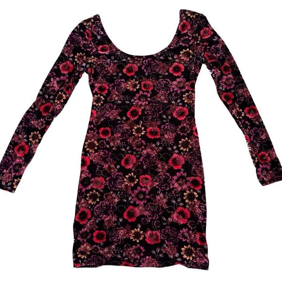 CANDIE'S Floral Velvet Bodycon Mini Dress Long Sleeve Scoop Neck Purple Size S - Picture 6 of 14